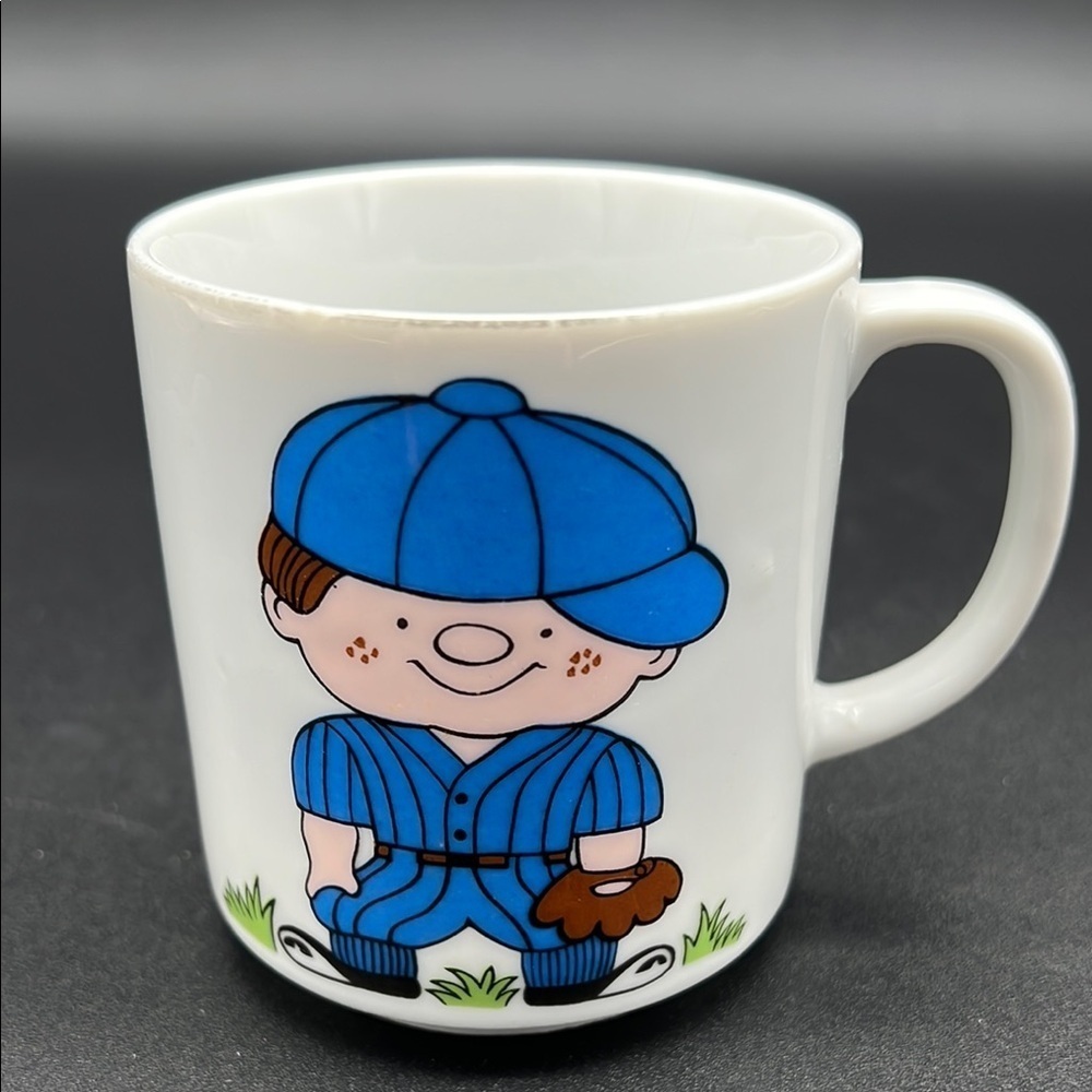 Vintage Mug with Blue Cartoon Baseball Player Mug - Picture 1 of 10